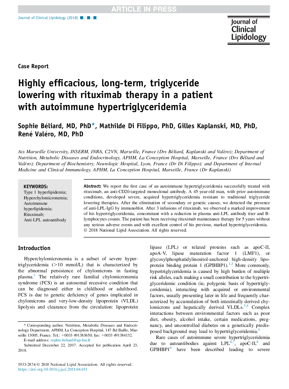Highly efficacious, long-term, triglyceride lowering with rituximab therapy in a patient with autoimmune hypertriglyceridemia