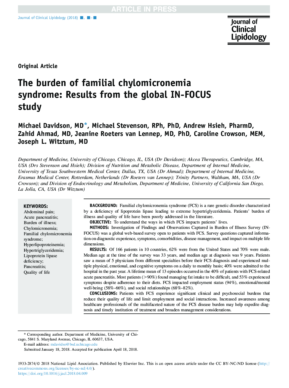 The burden of familial chylomicronemia syndrome: Results from the global IN-FOCUS study