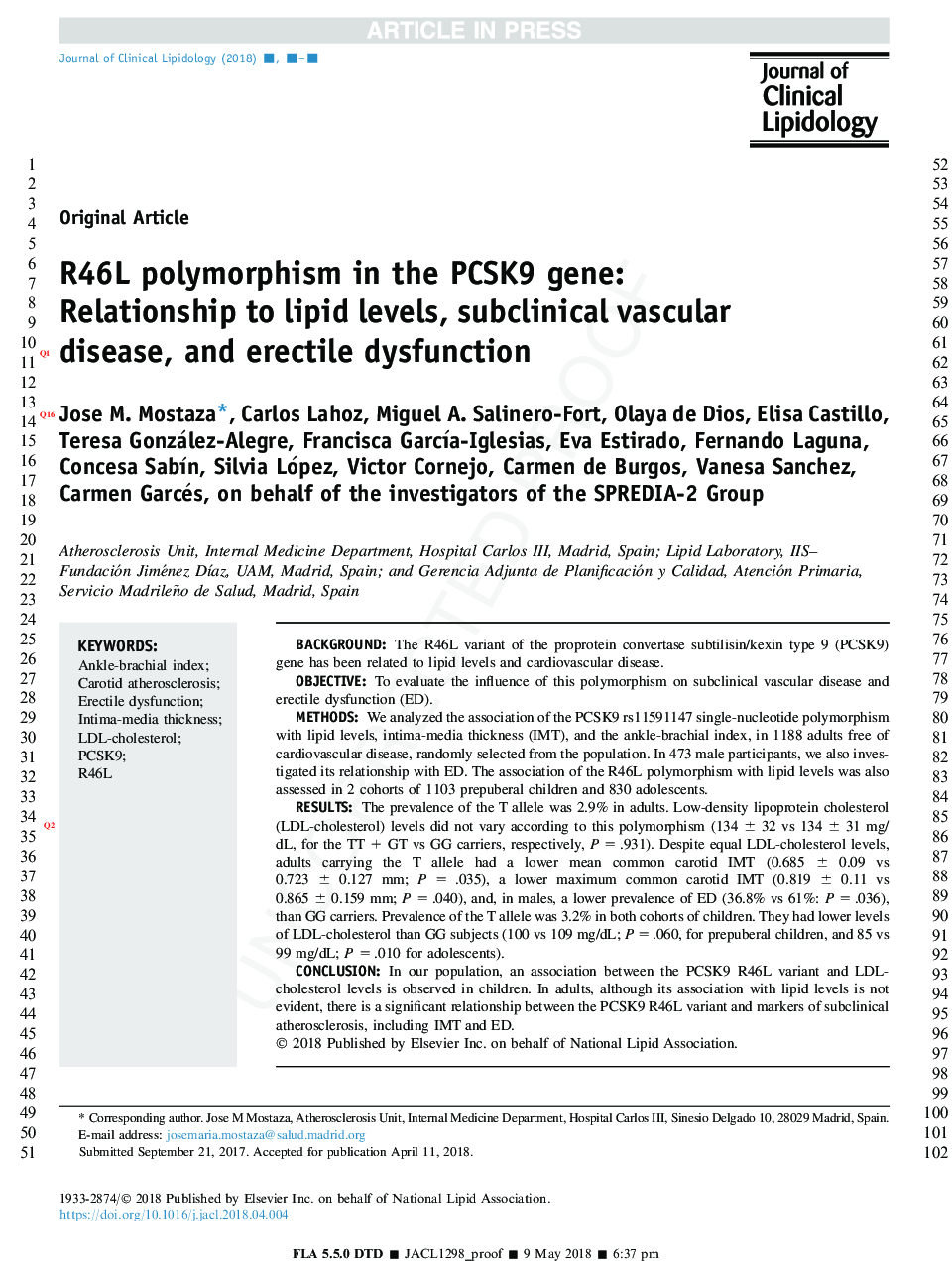 R46L polymorphism in the PCSK9 gene: Relationship to lipid levels, subclinical vascular disease, and erectile dysfunction