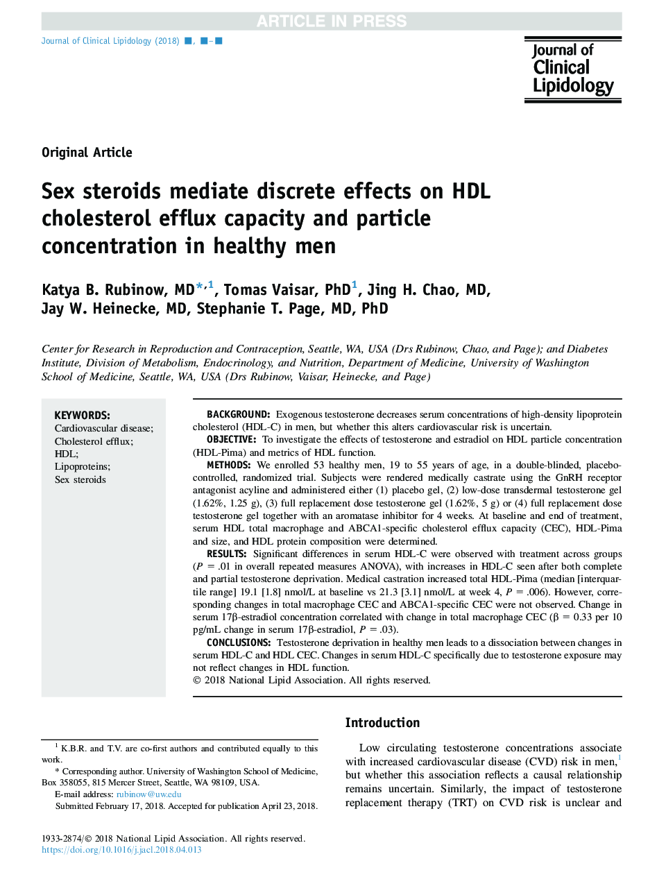 Sex steroids mediate discrete effects on HDL cholesterol efflux capacity and particle concentration in healthy men