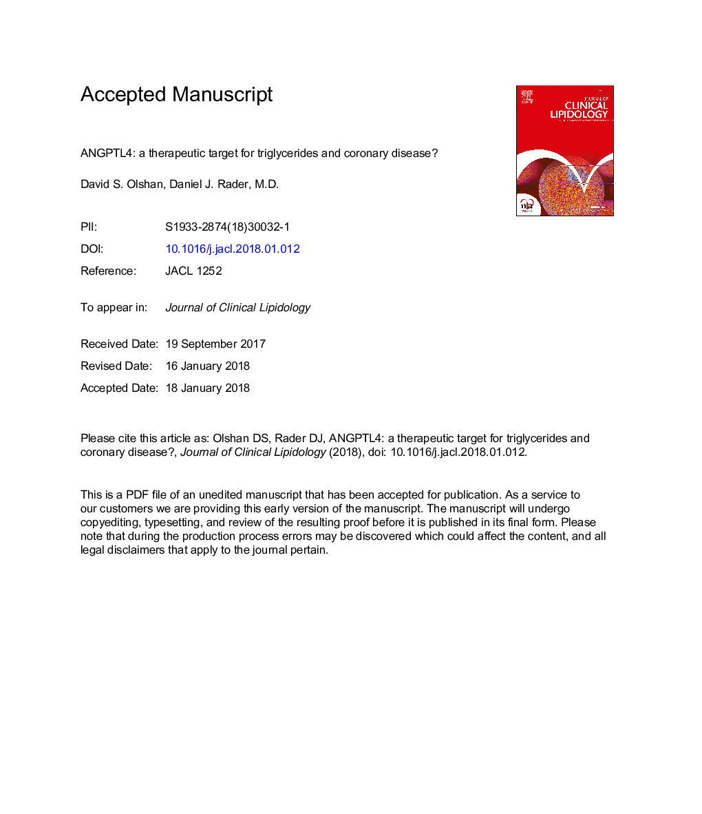 Angiopoietin-like protein 4: A therapeutic target for triglycerides and coronary disease?