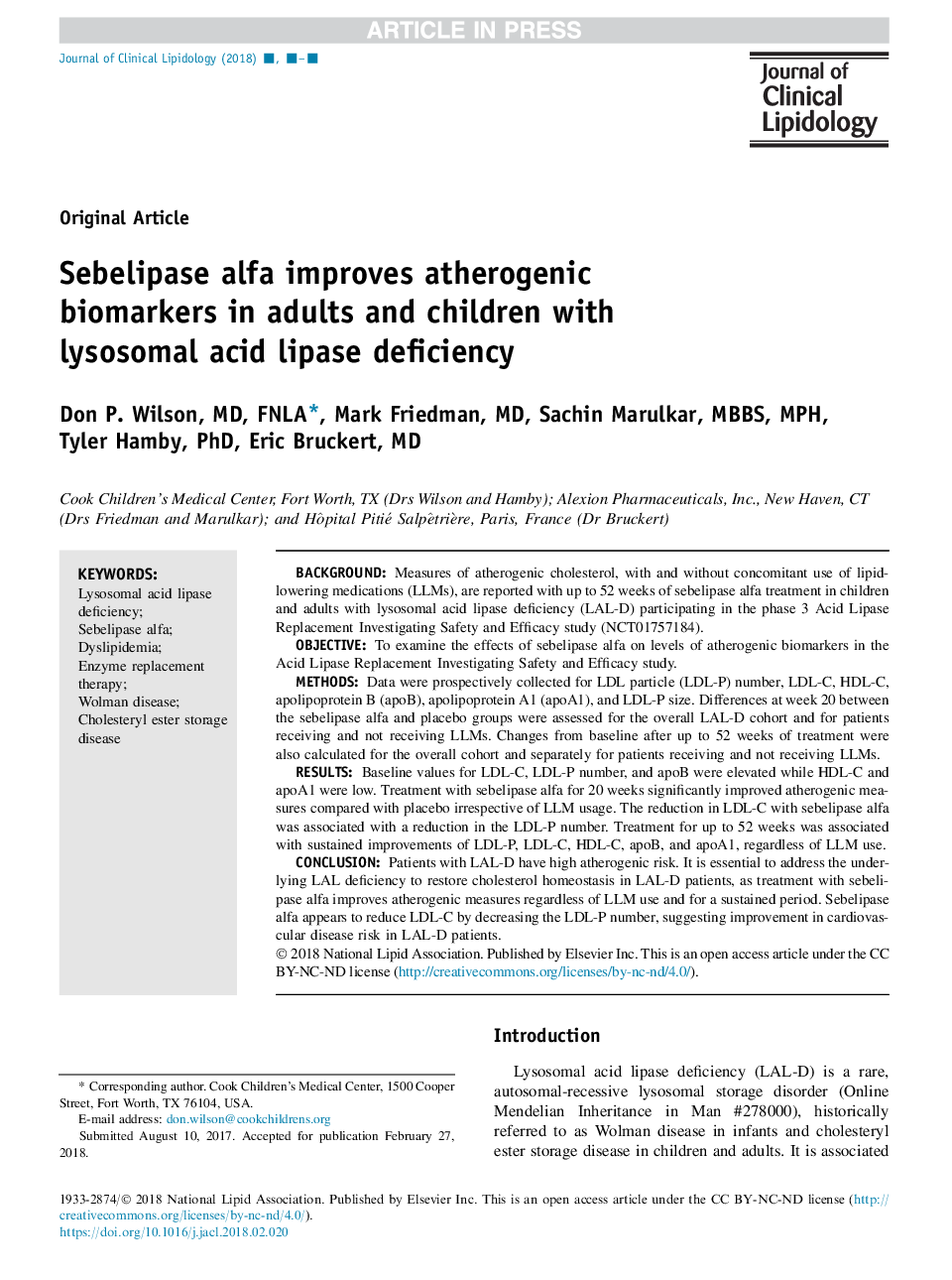 Sebelipase alfa improves atherogenic biomarkers in adults and children with lysosomal acid lipase deficiency
