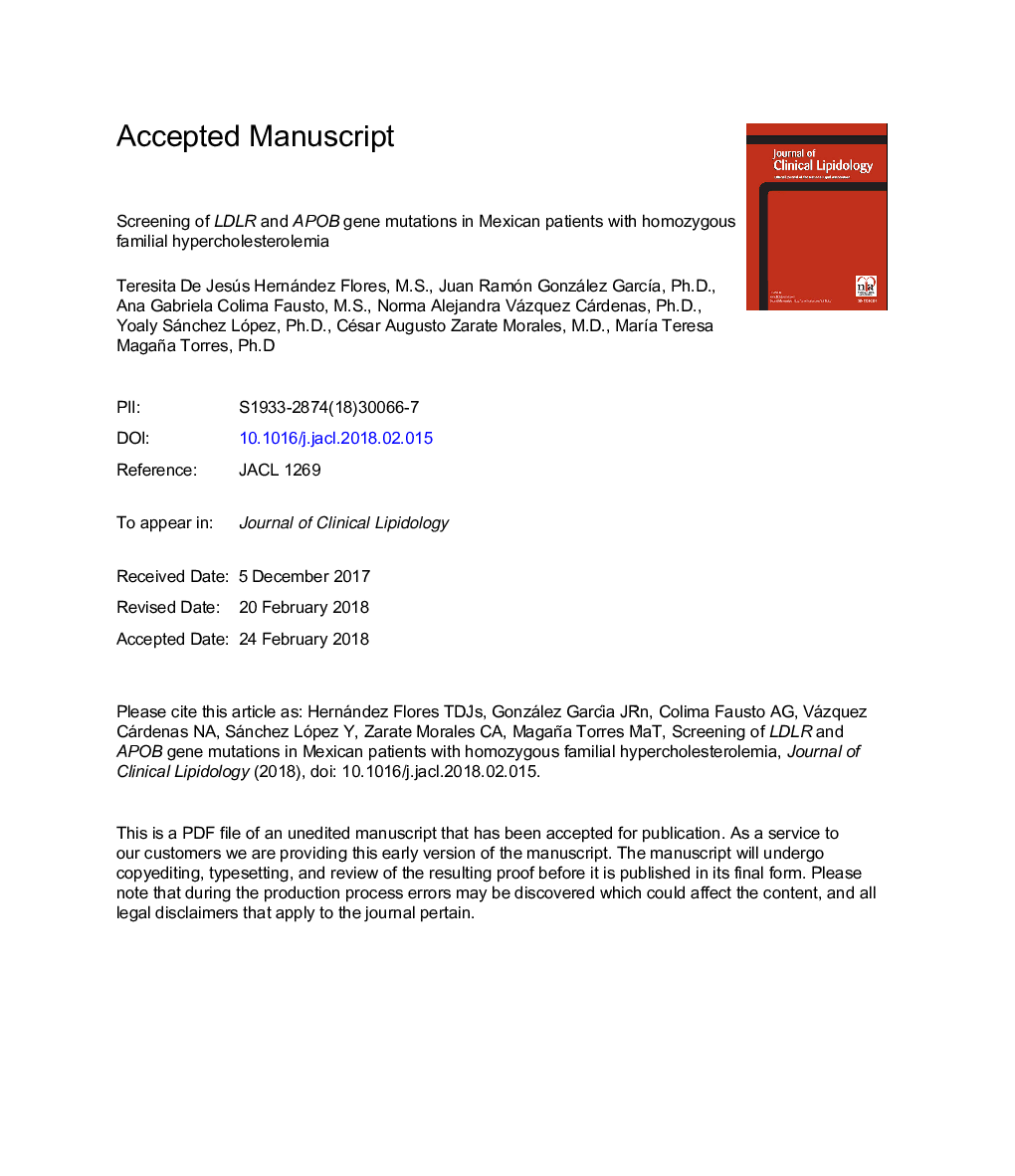 Screening of LDLR and APOB gene mutations inÂ Mexican patients with homozygous familial hypercholesterolemia