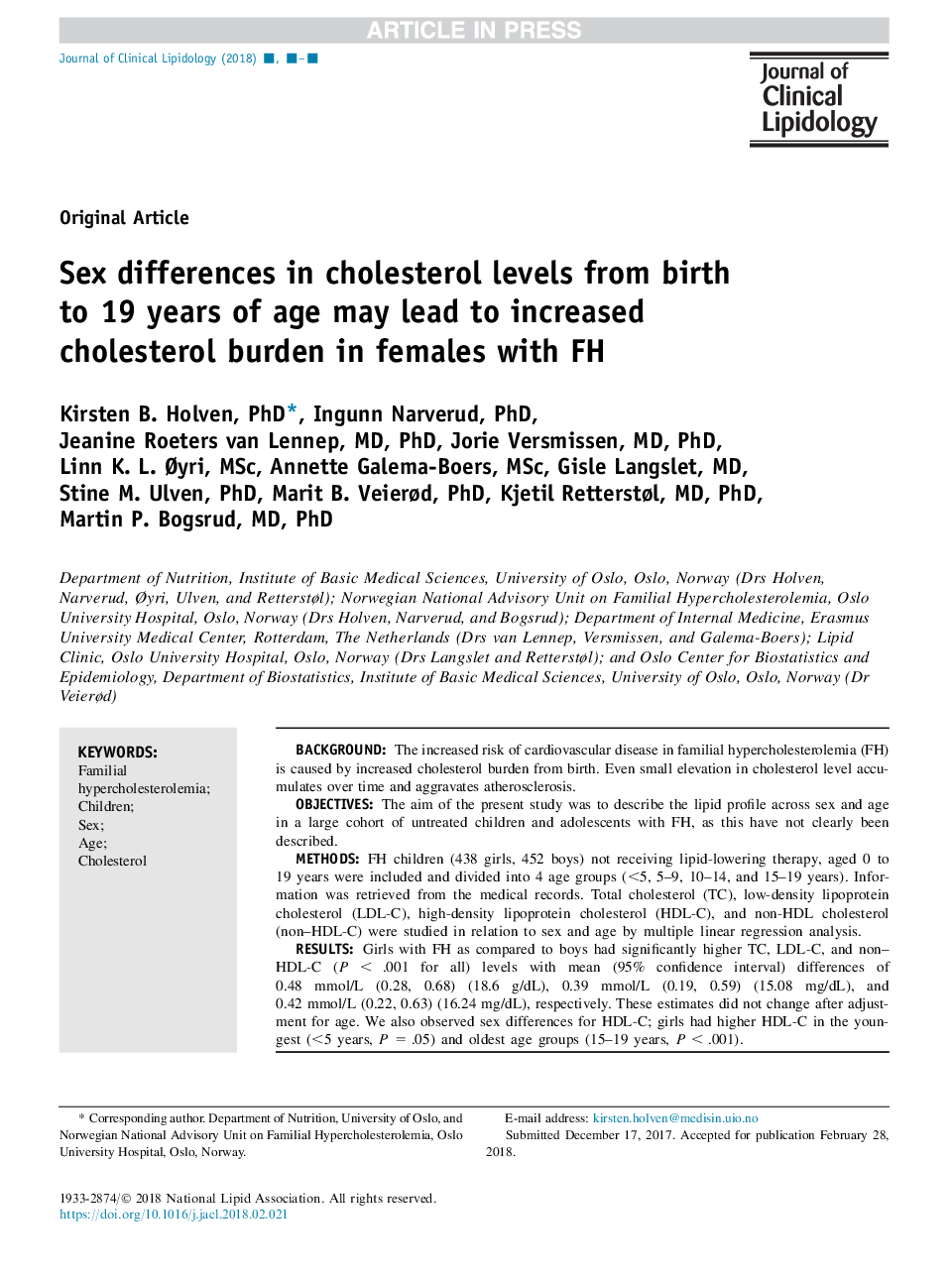 Sex differences in cholesterol levels from birth to 19Â years of age may lead to increased cholesterol burden in females with FH
