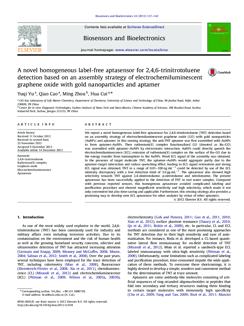 A novel homogeneous label-free aptasensor for 2,4,6-trinitrotoluene detection based on an assembly strategy of electrochemiluminescent graphene oxide with gold nanoparticles and aptamer