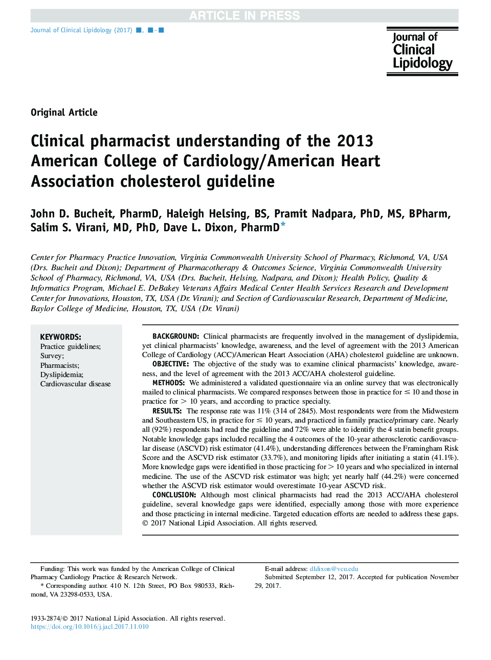 Clinical pharmacist understanding of the 2013 American College of Cardiology/American Heart Association cholesterol guideline
