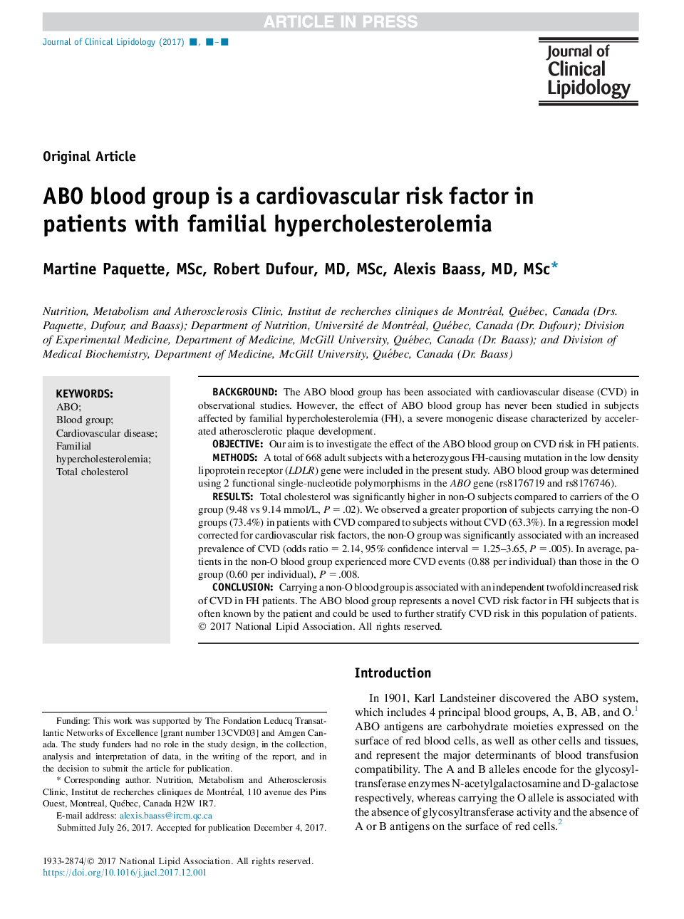 ABO blood group is a cardiovascular risk factor in patients with familial hypercholesterolemia