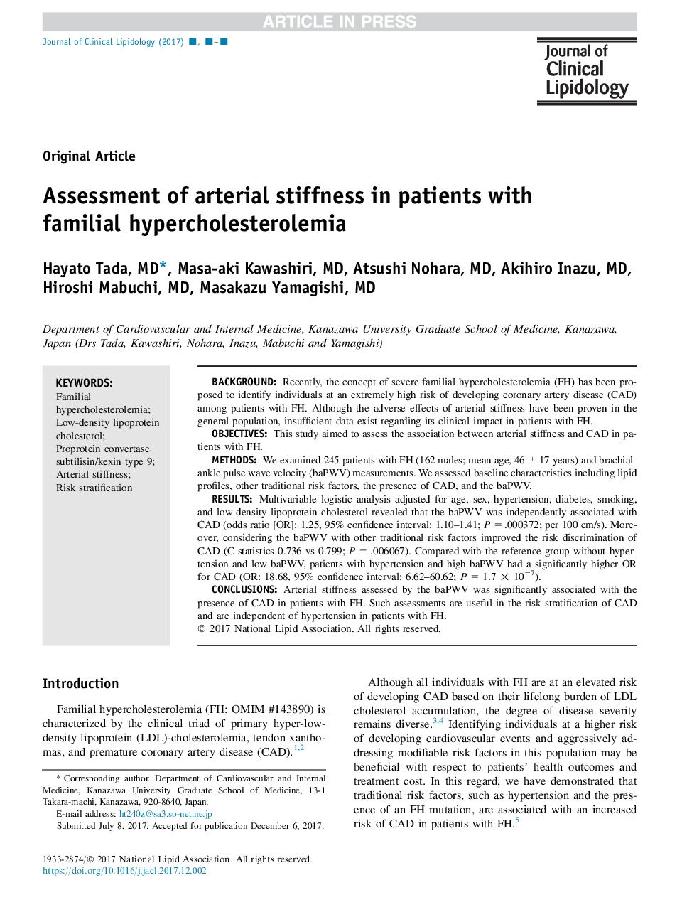 Assessment of arterial stiffness in patients with familial hypercholesterolemia