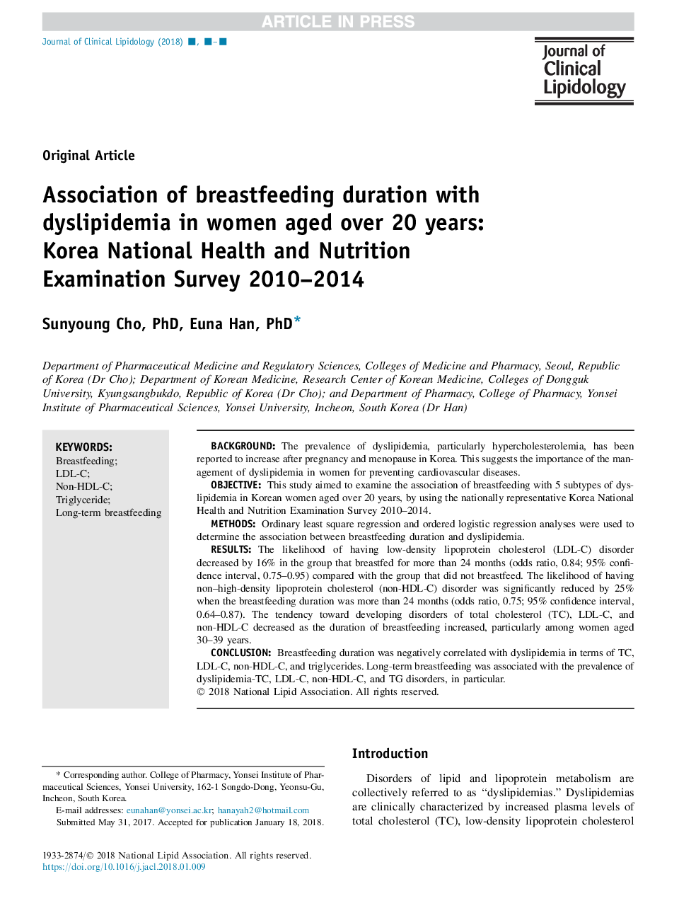 Association of breastfeeding duration with dyslipidemia in women aged over 20Â years: Korea National Health and Nutrition Examination Survey 2010-2014