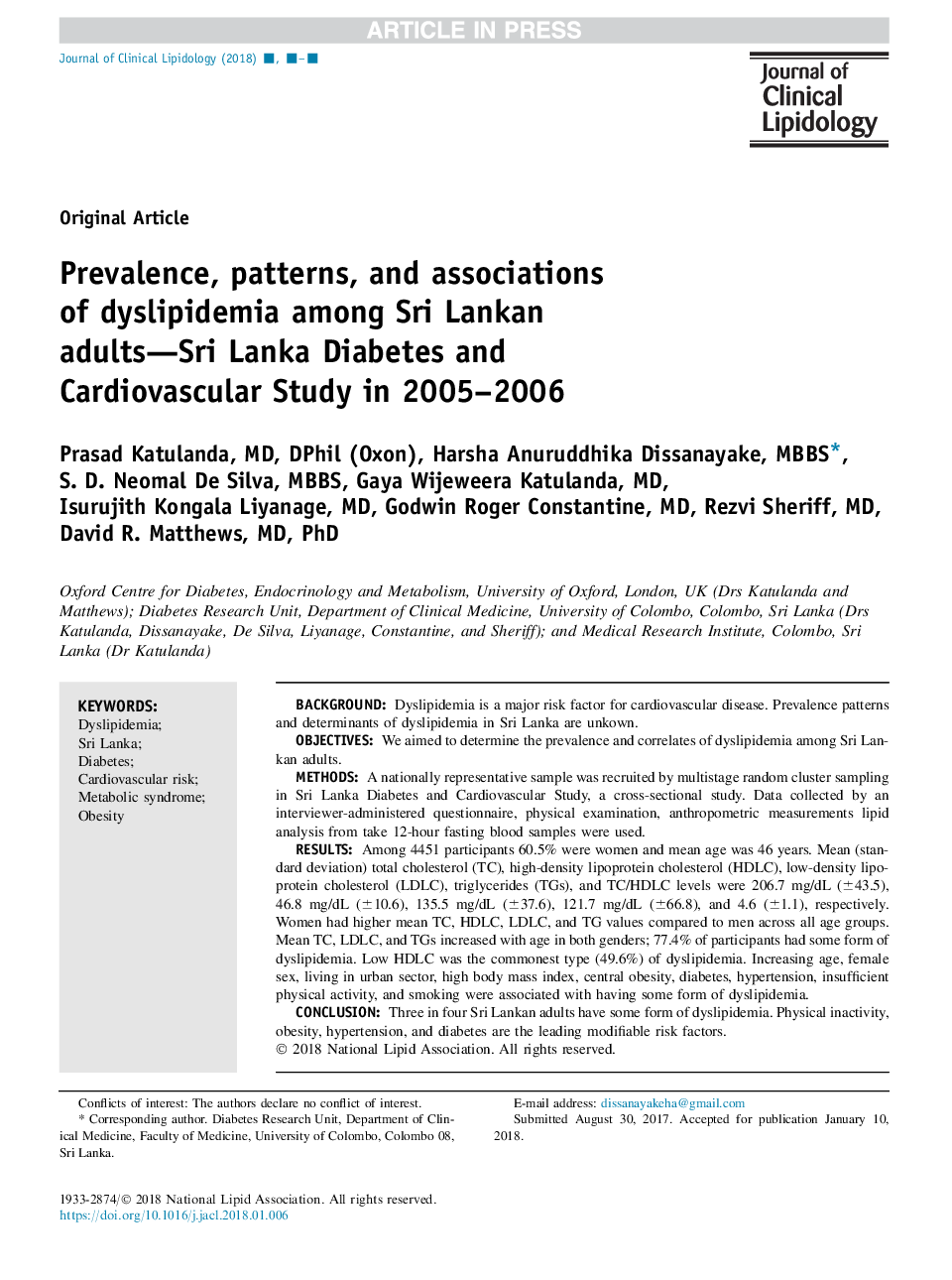 Prevalence, patterns, and associations of dyslipidemia among Sri Lankan adults-Sri Lanka Diabetes and Cardiovascular Study in 2005-2006