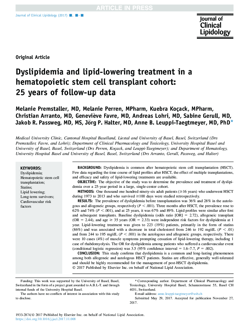 Dyslipidemia and lipid-lowering treatment in a hematopoietic stem cell transplant cohort: 25Â years of follow-up data