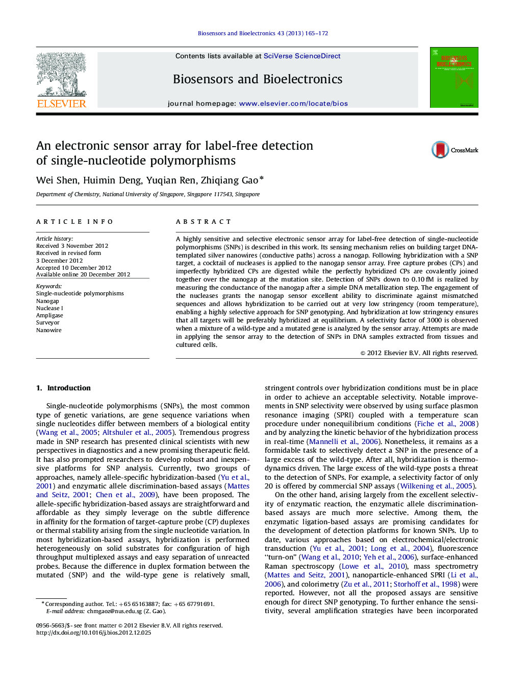 An electronic sensor array for label-free detection of single-nucleotide polymorphisms