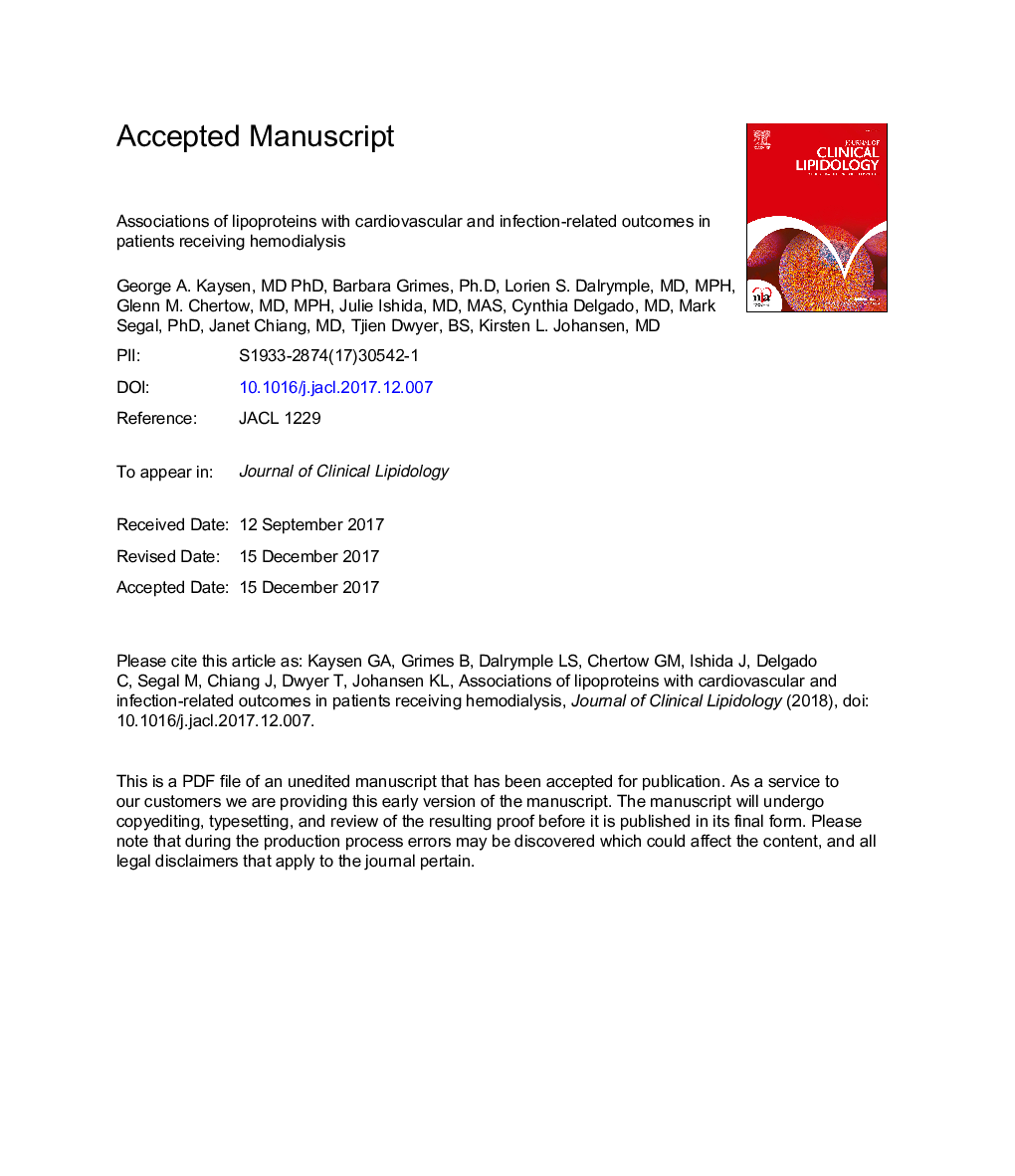 Associations of lipoproteins with cardiovascular and infection-related outcomes in patients receiving hemodialysis