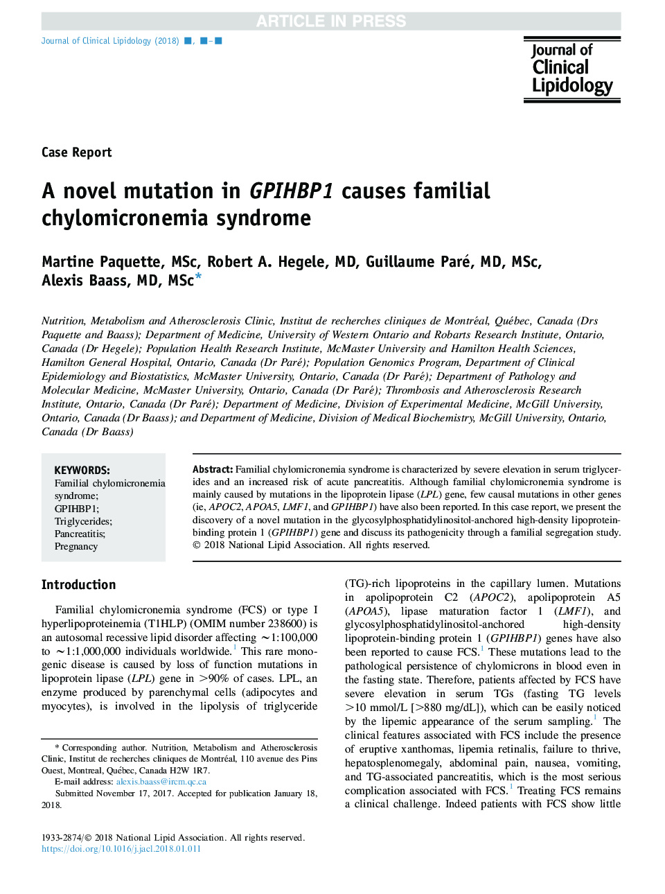 A novel mutation in GPIHBP1 causes familial chylomicronemia syndrome