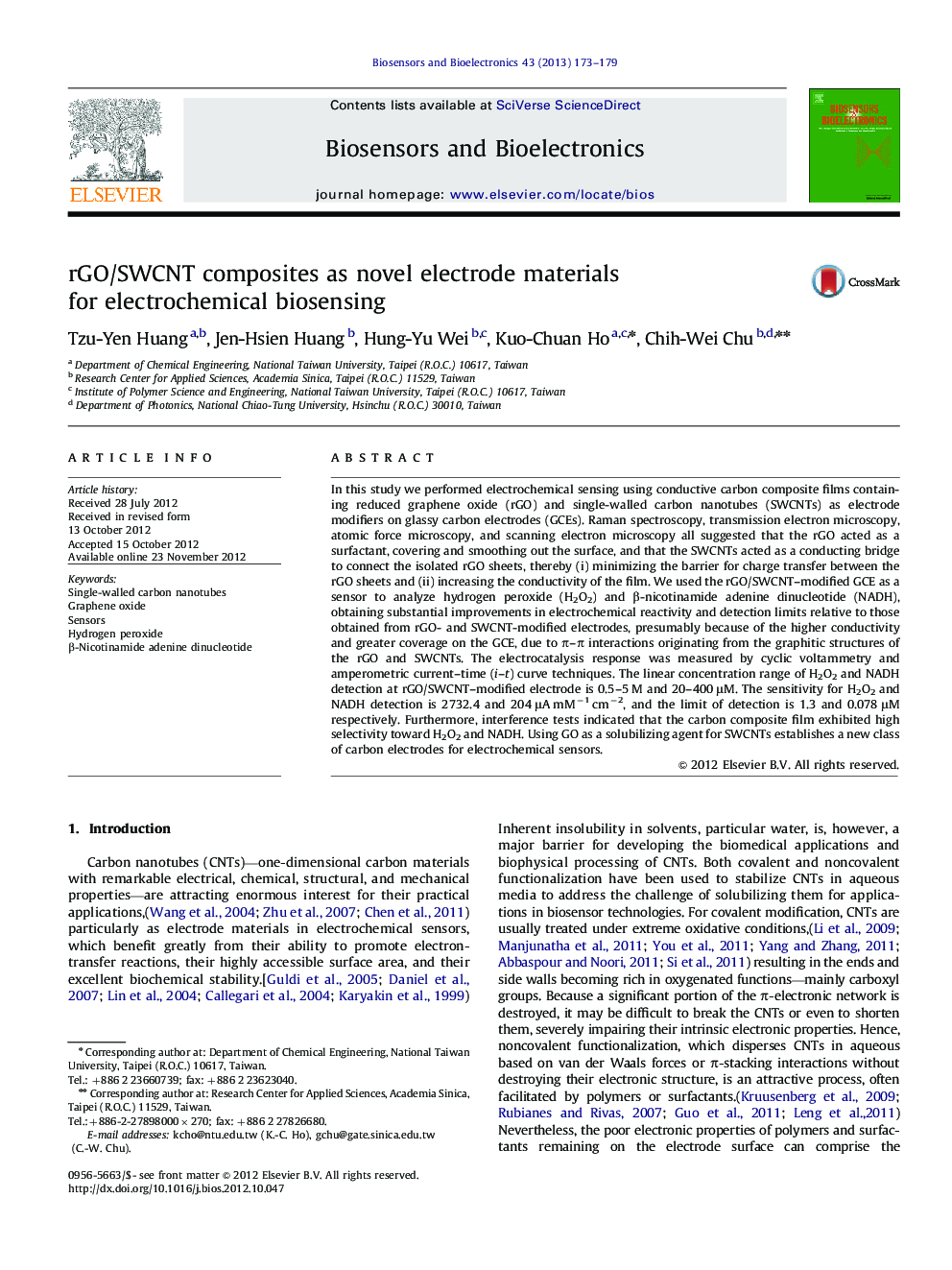 rGO/SWCNT composites as novel electrode materials for electrochemical biosensing