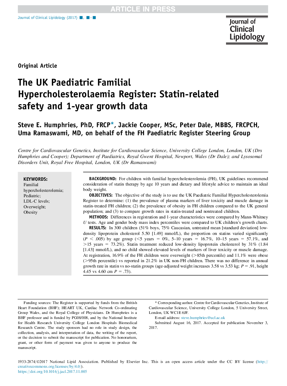 The UK Paediatric Familial Hypercholesterolaemia Register: Statin-related safety and 1-year growth data