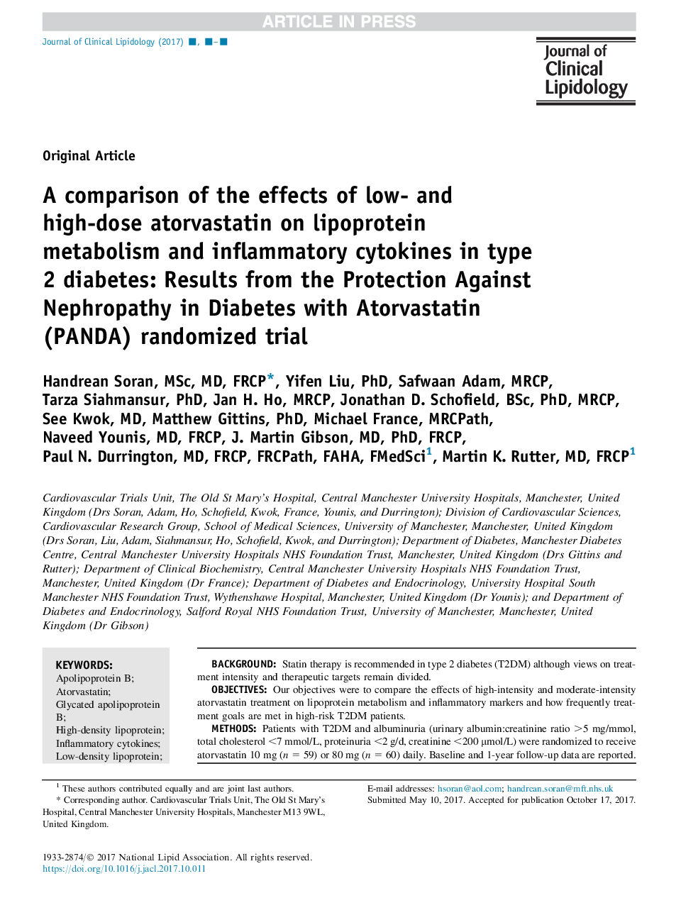 A comparison of the effects of low- and high-dose atorvastatin on lipoprotein metabolism and inflammatory cytokines in type 2 diabetes: Results from the Protection Against Nephropathy in Diabetes with Atorvastatin (PANDA) randomized trial