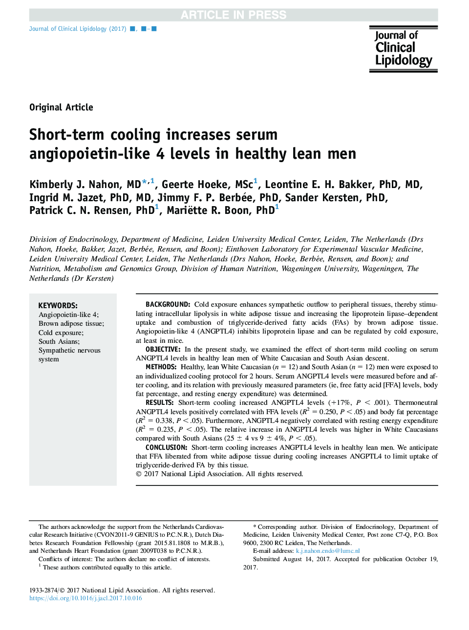 Short-term cooling increases serum angiopoietin-like 4 levels in healthy lean men