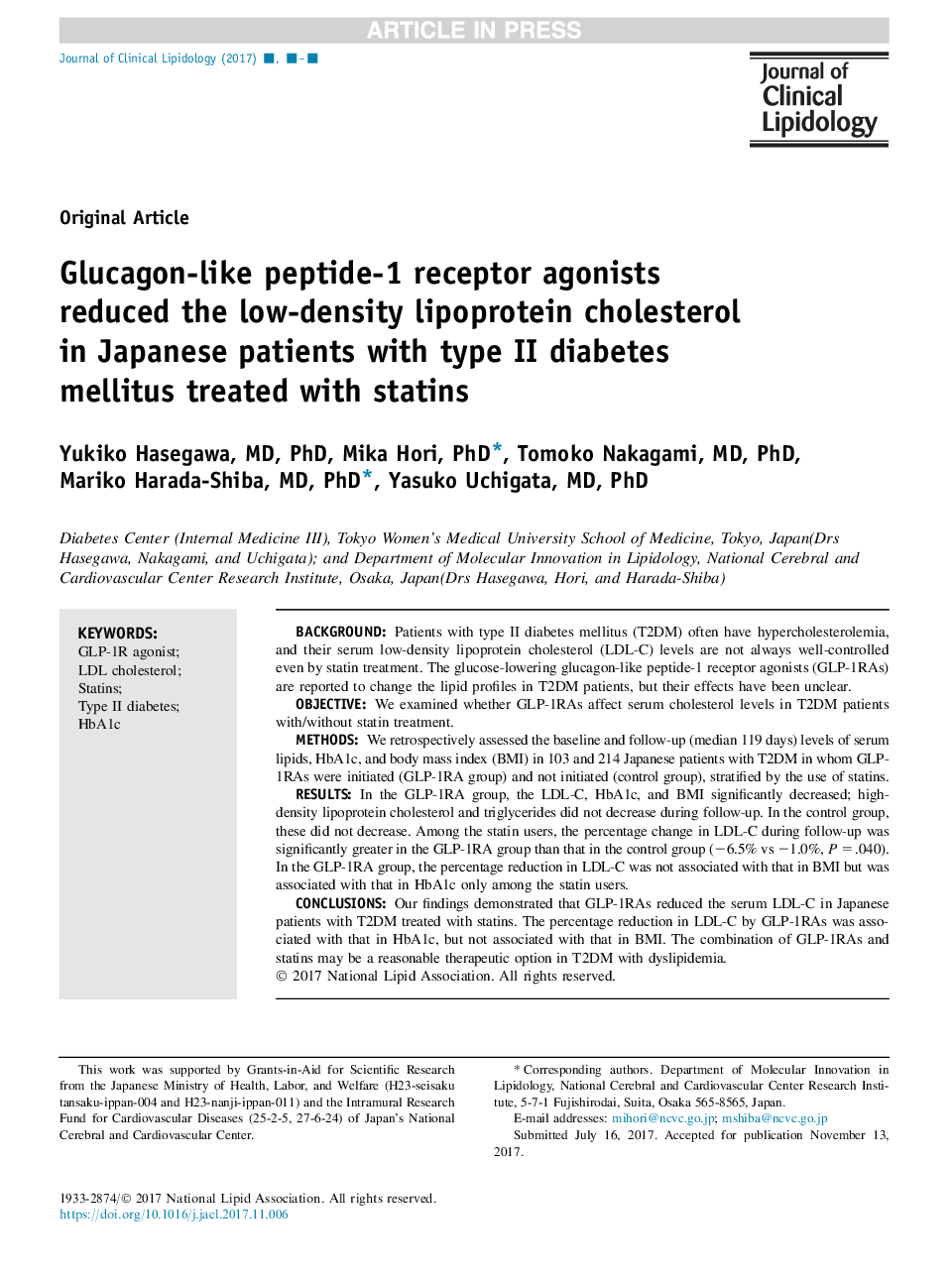 Glucagon-like peptide-1 receptor agonists reduced the low-density lipoprotein cholesterol in Japanese patients with type 2 diabetes mellitus treated with statins