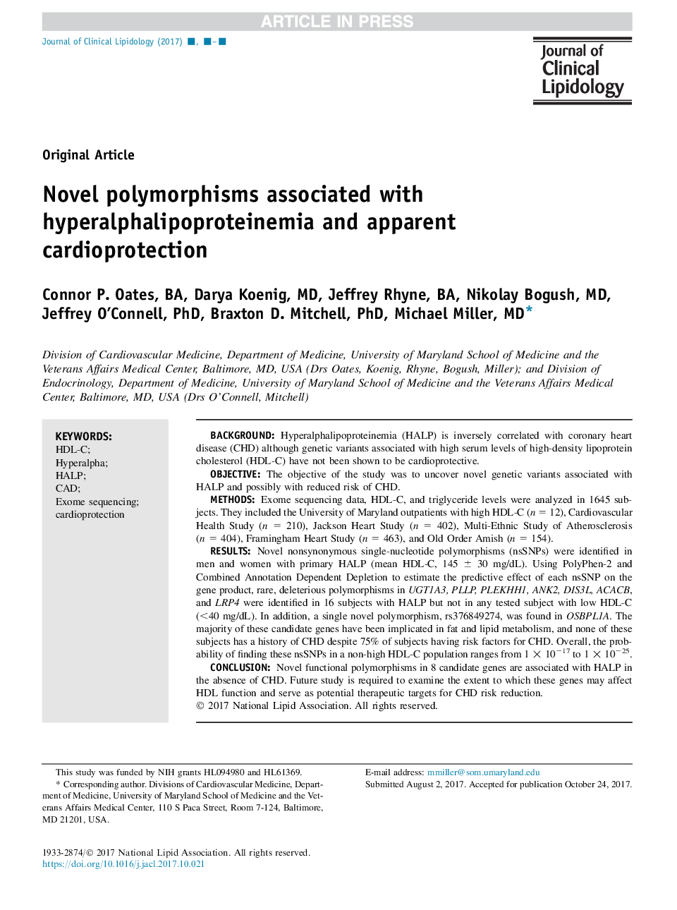 Novel polymorphisms associated with hyperalphalipoproteinemia and apparent cardioprotection