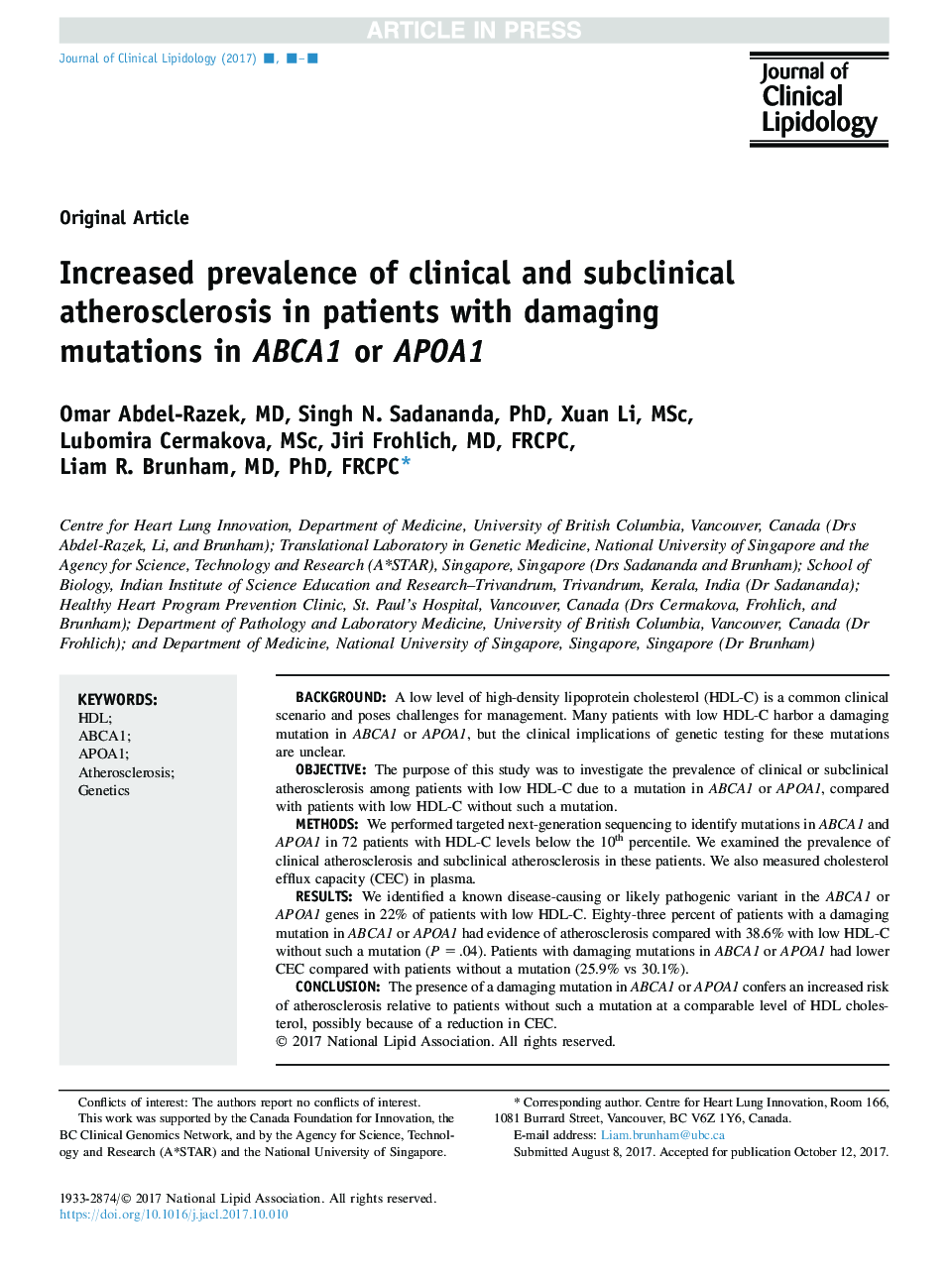 Increased prevalence of clinical and subclinical atherosclerosis in patients with damaging mutations in ABCA1 or APOA1
