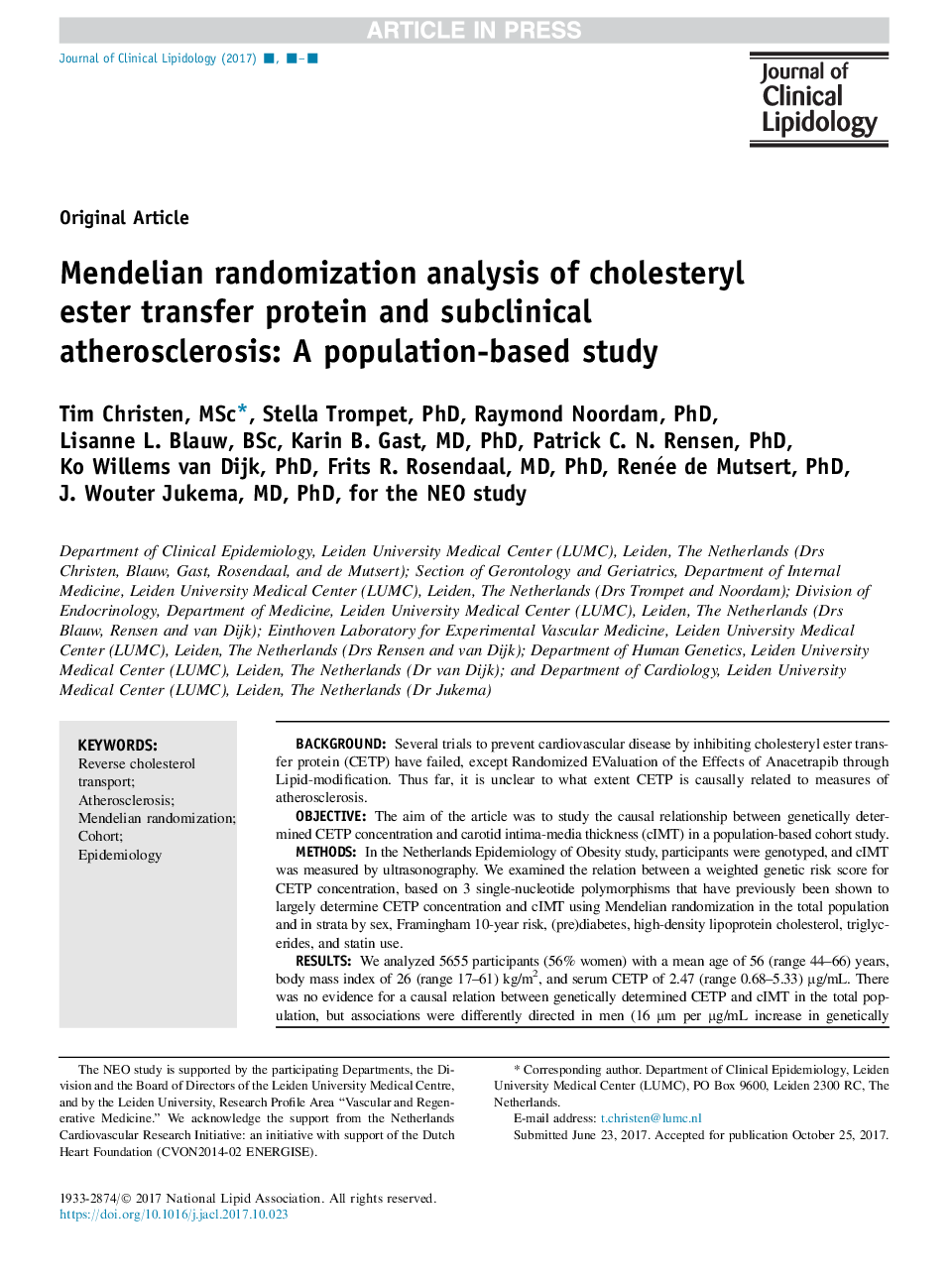 Mendelian randomization analysis of cholesteryl ester transfer protein and subclinical atherosclerosis: A population-based study