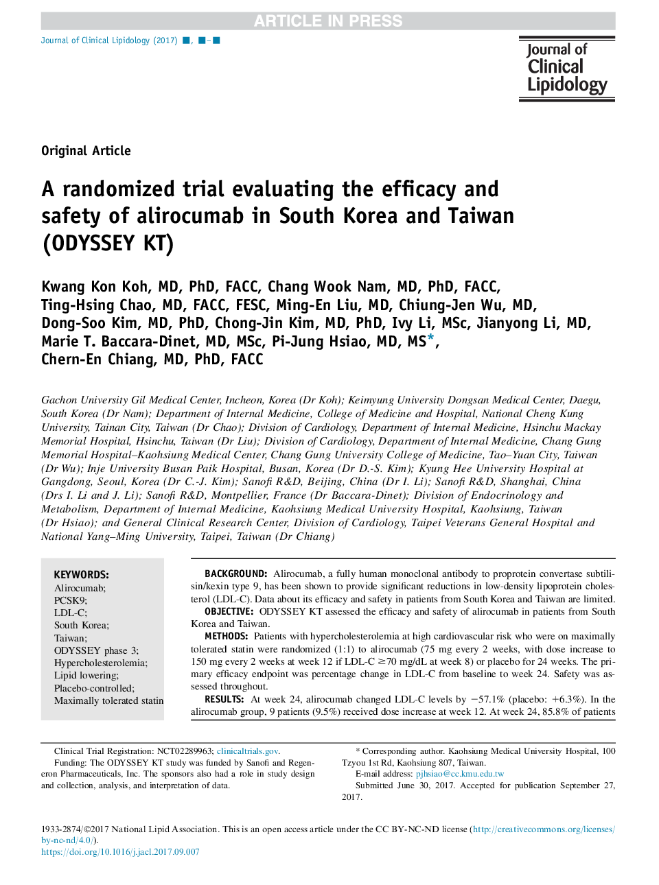 A randomized trial evaluating the efficacy and safety of alirocumab in South Korea and Taiwan (ODYSSEY KT)