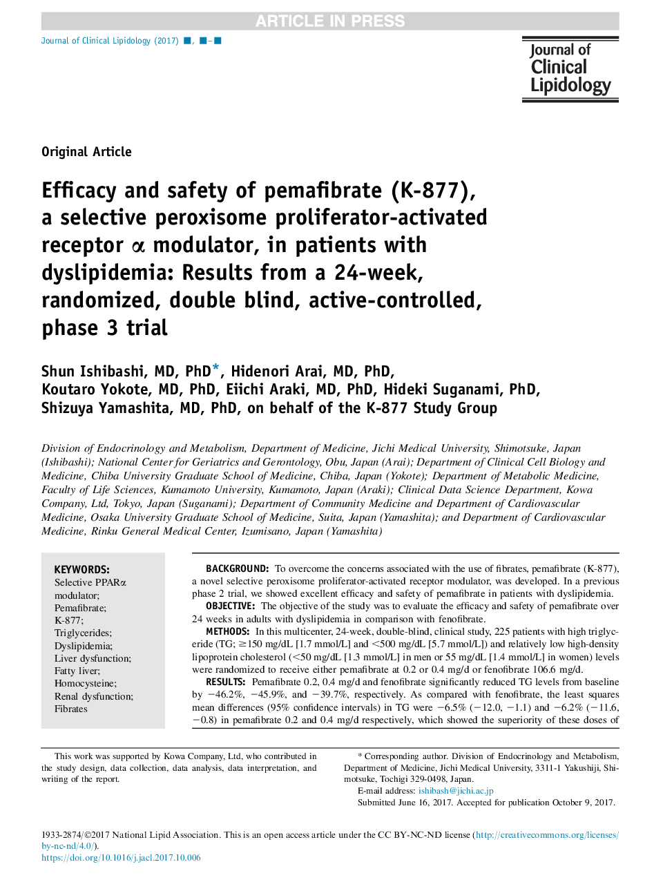 Efficacy and safety of pemafibrate (K-877), aÂ selective peroxisome proliferator-activated receptor Î± modulator, in patients with dyslipidemia: Results from a 24-week, randomized, double blind, active-controlled, phase 3 trial