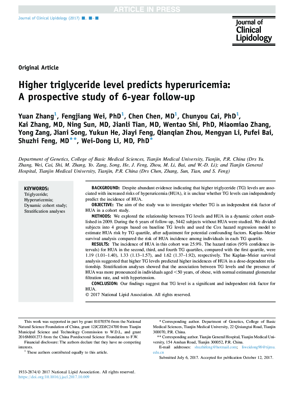 Higher triglyceride level predicts hyperuricemia: A prospective study of 6-year follow-up