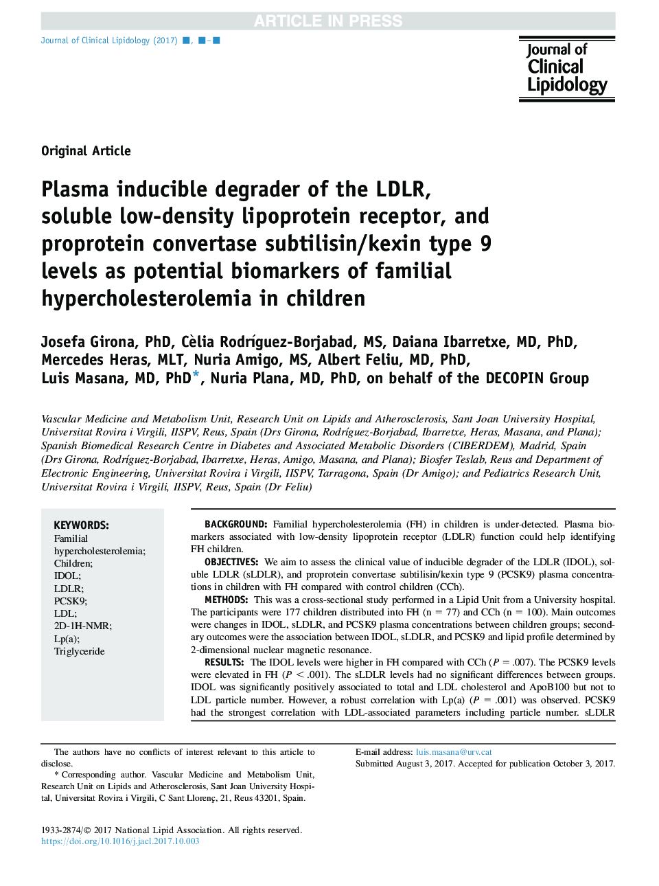 Plasma inducible degrader of the LDLR, soluble low-density lipoprotein receptor, and proprotein convertase subtilisin/kexin type 9 levels as potential biomarkers of familial hypercholesterolemia in children