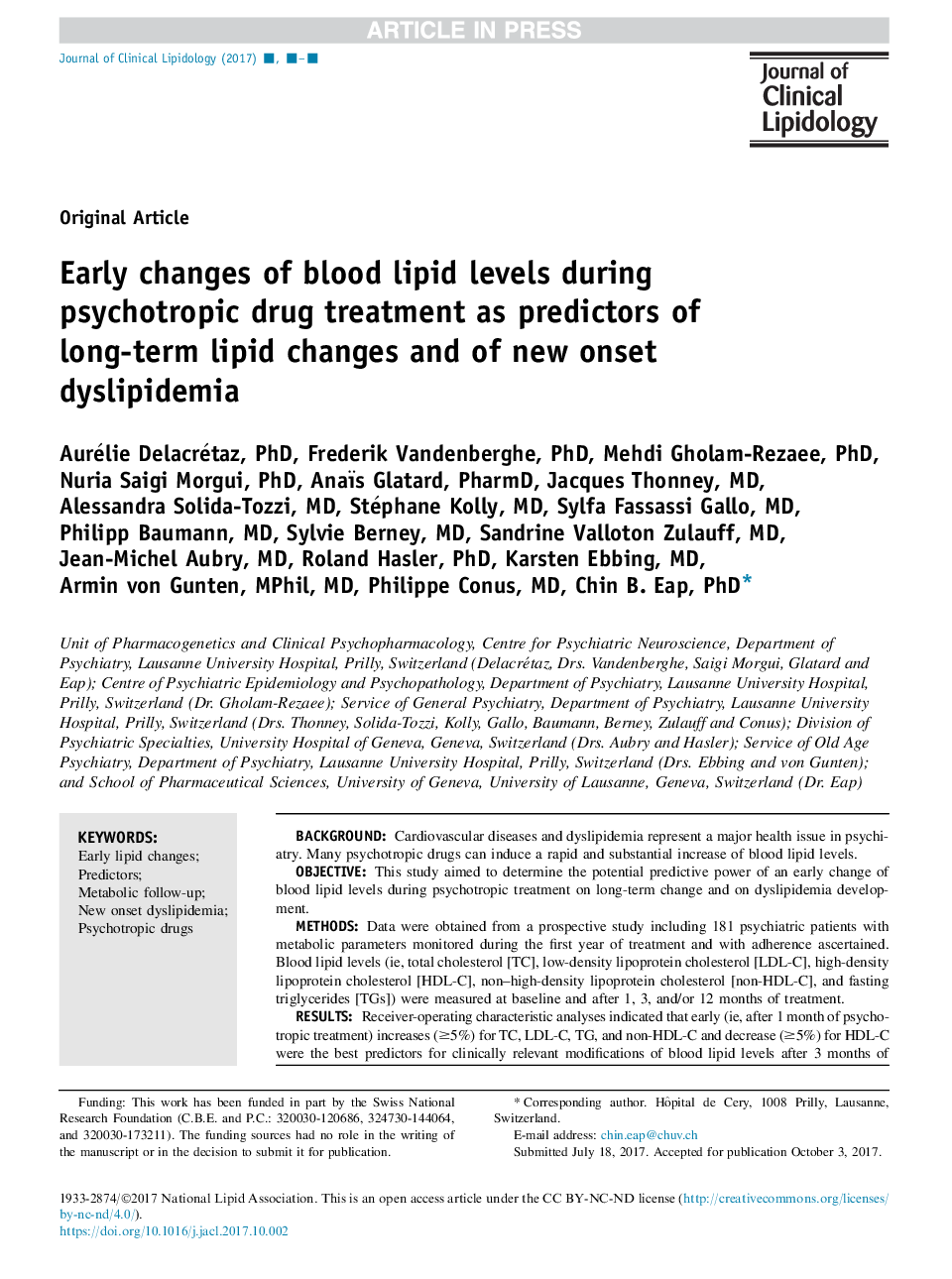 Early changes of blood lipid levels during psychotropic drug treatment as predictors of long-term lipid changes and of new onset dyslipidemia