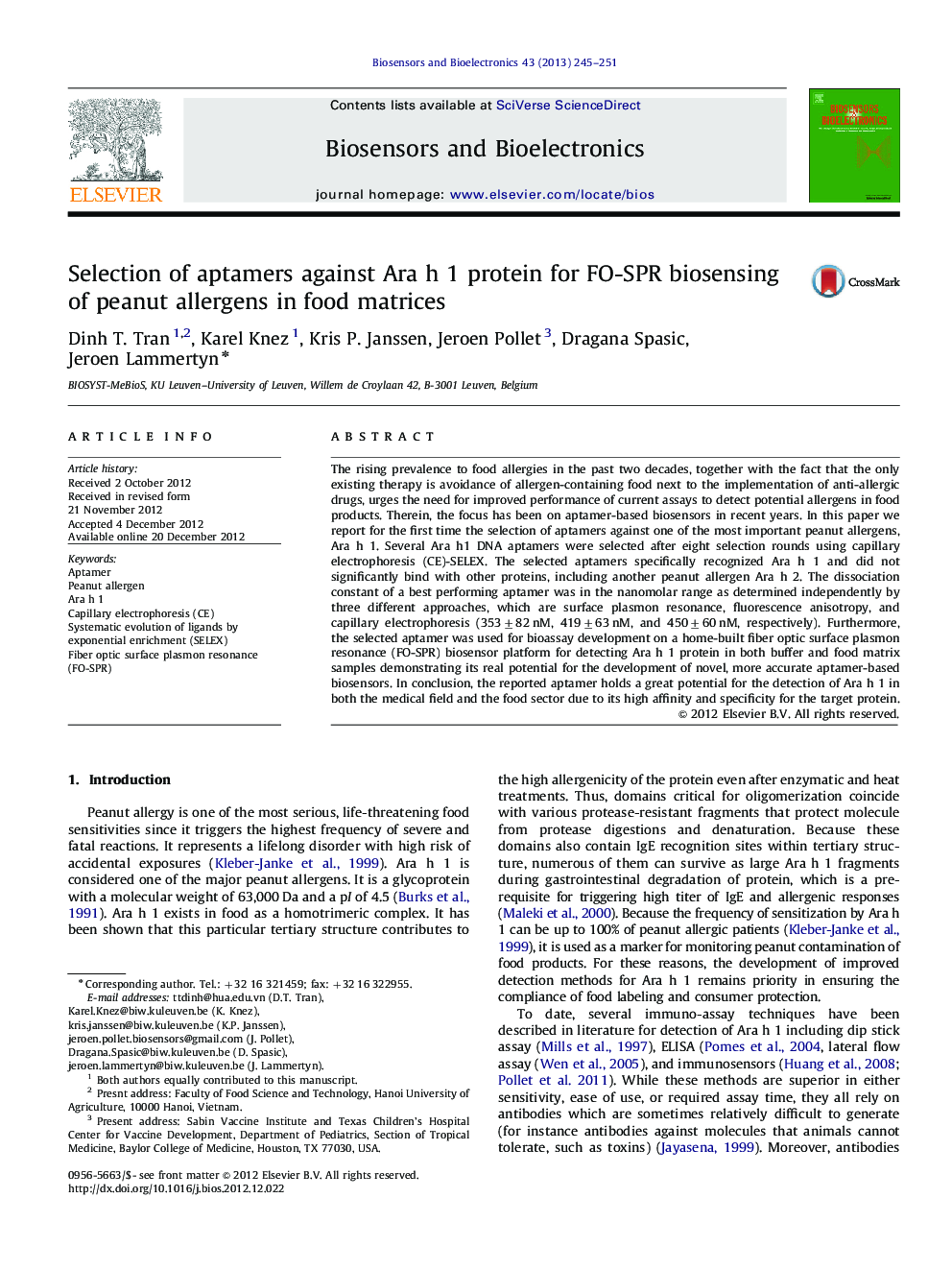 Selection of aptamers against Ara h 1 protein for FO-SPR biosensing of peanut allergens in food matrices