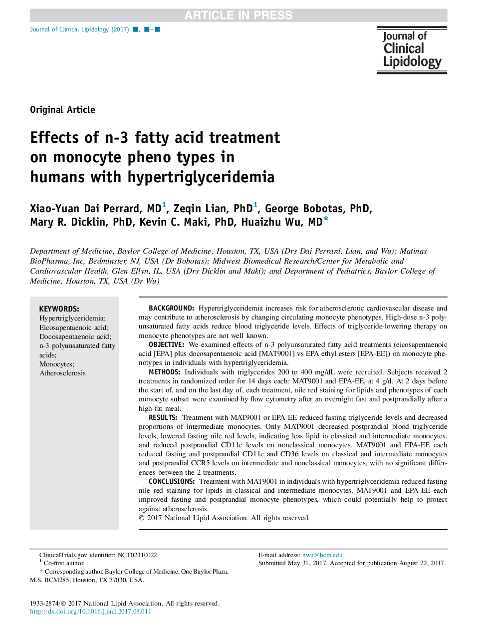 Effects of n-3 fatty acid treatment on monocyte phenotypes in humans with hypertriglyceridemia