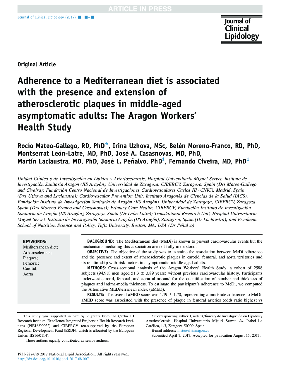 Adherence to a Mediterranean diet is associated with the presence and extension of atherosclerotic plaques in middle-aged asymptomatic adults: The Aragon Workers' Health Study