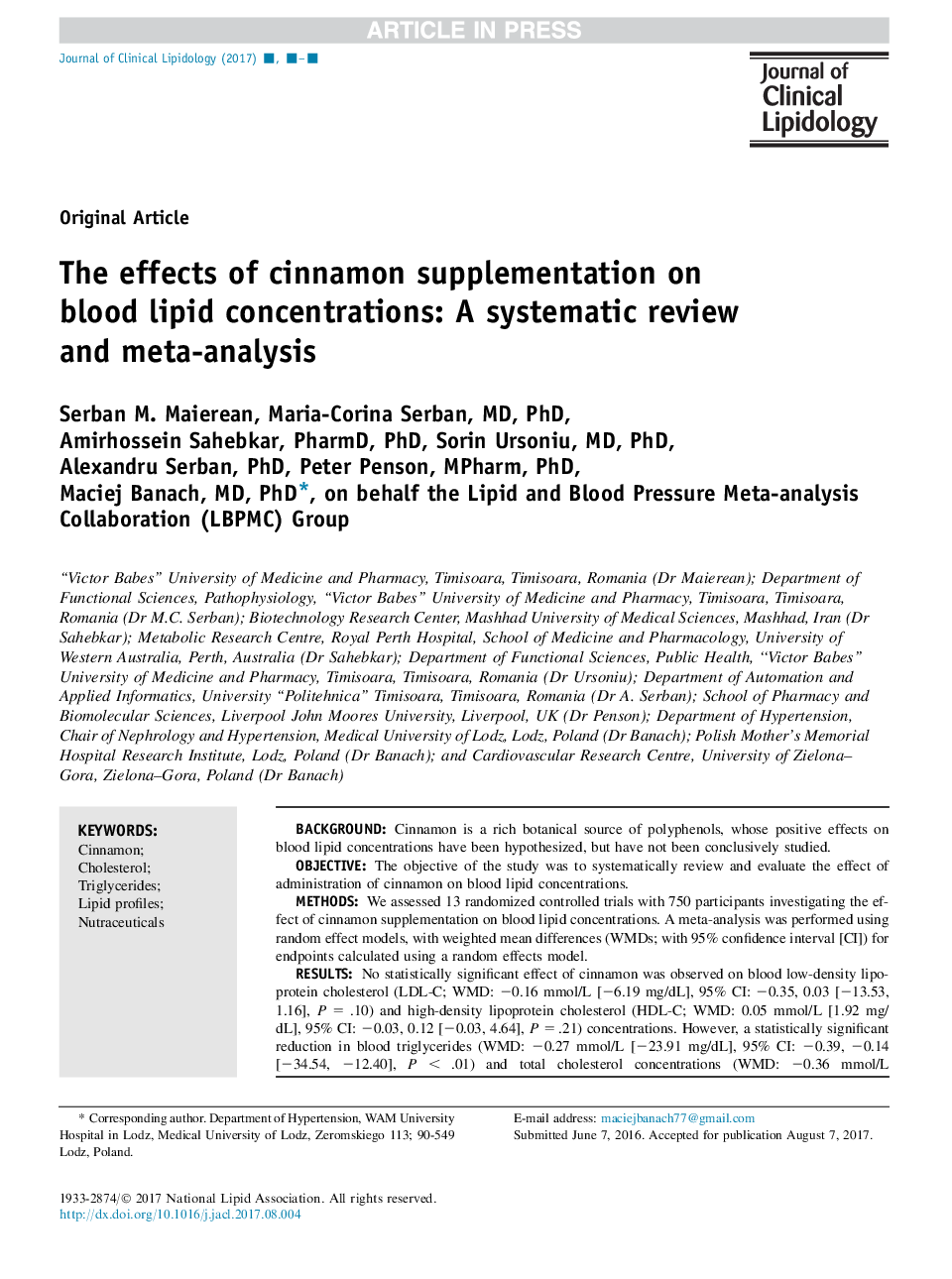 The effects of cinnamon supplementation on blood lipid concentrations: A systematic review and meta-analysis