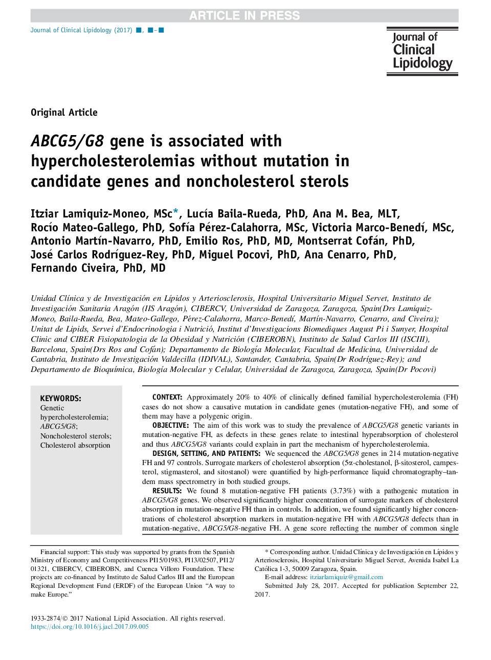 ABCG5/G8 gene is associated with hypercholesterolemias without mutation in candidate genes and noncholesterol sterols