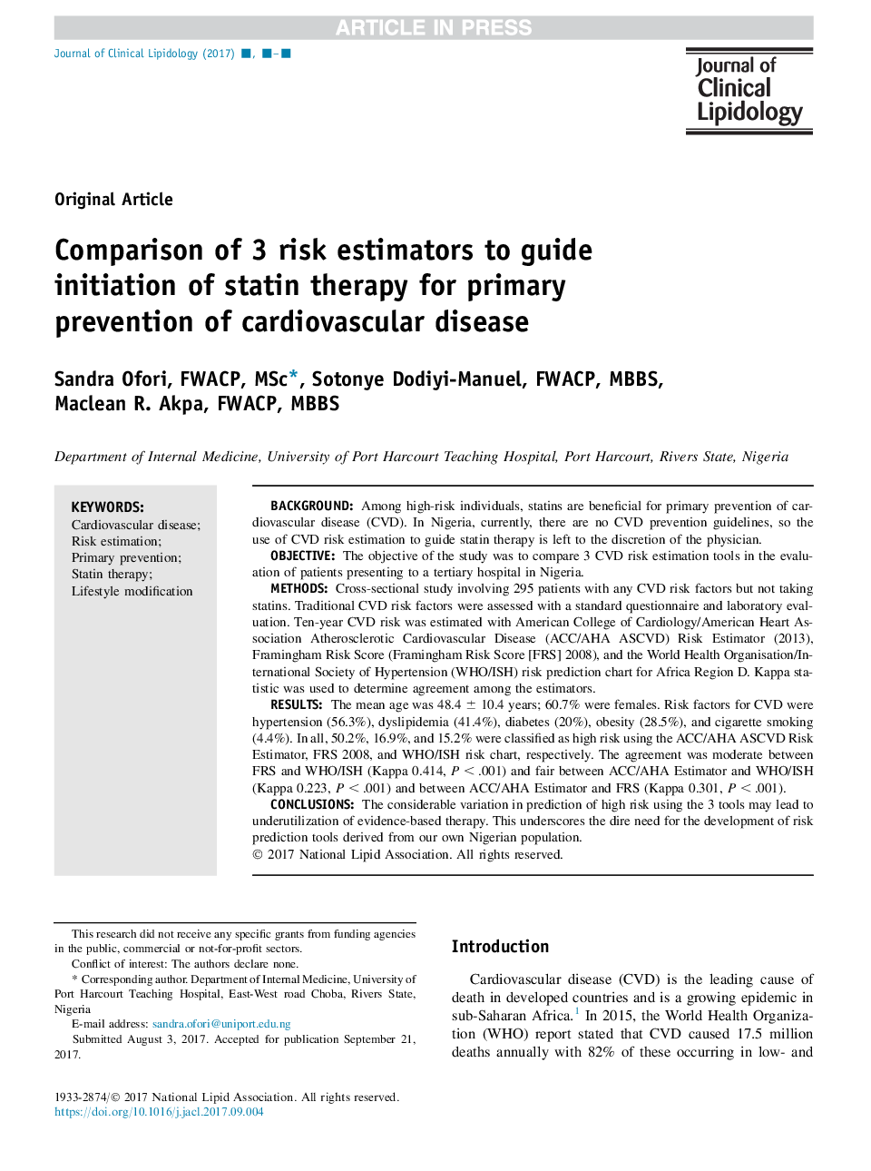 Comparison of 3 risk estimators to guide initiation of statin therapy for primary prevention of cardiovascular disease