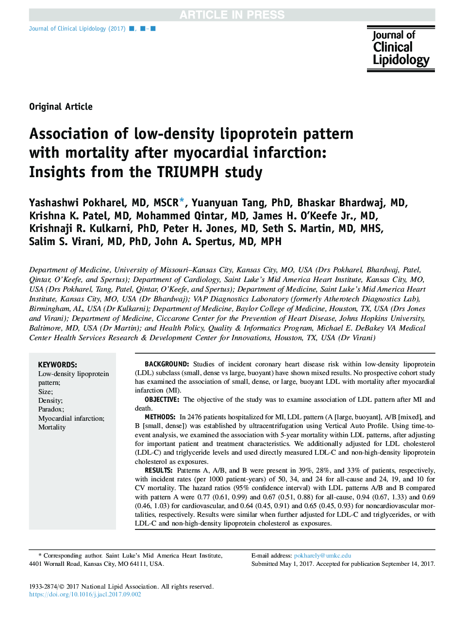 Association of low-density lipoprotein pattern with mortality after myocardial infarction: Insights from the TRIUMPH study