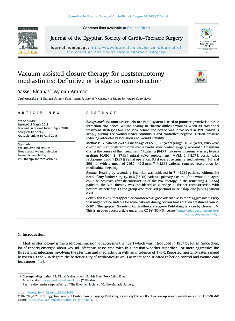 Vacuum assisted closure therapy for poststernotomy mediastinitis: Definitive or bridge to reconstruction