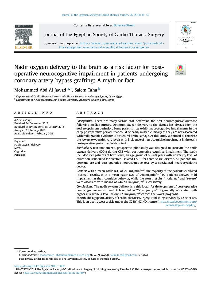 Nadir oxygen delivery to the brain as a risk factor for post-operative neurocognitive impairment in patients undergoing coronary artery bypass grafting: A myth or fact