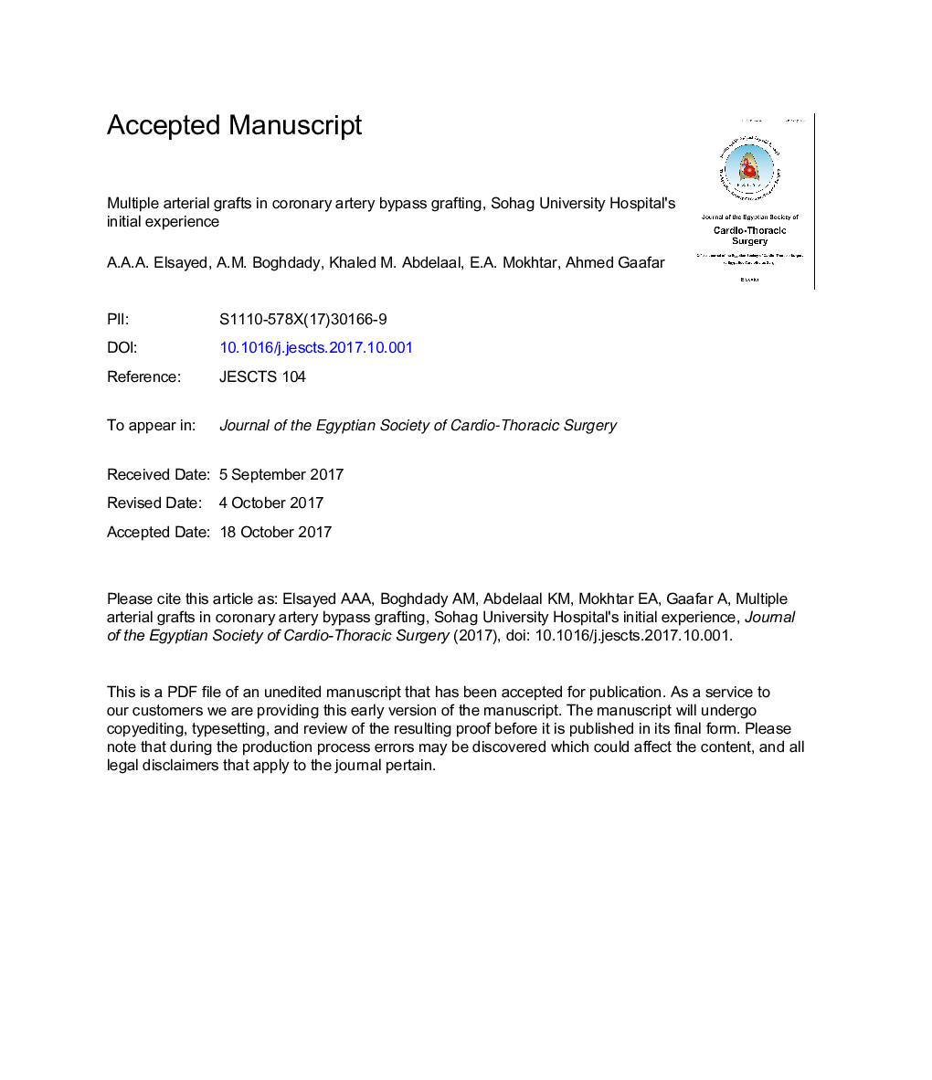 Multiple arterial grafts in coronary artery bypass grafting, Sohag University Hospital's initial experience