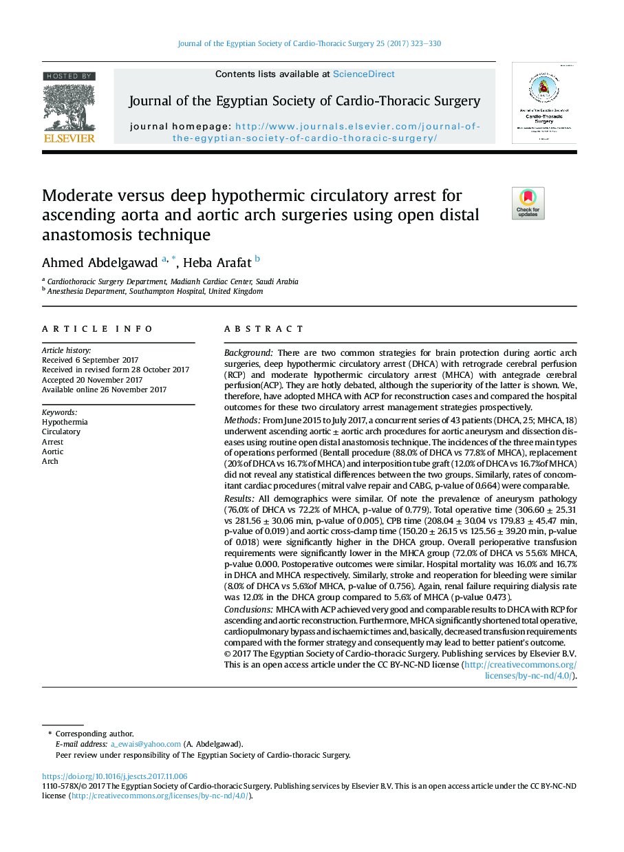 Moderate versus deep hypothermic circulatory arrest for ascending aorta and aortic arch surgeries using open distal anastomosis technique
