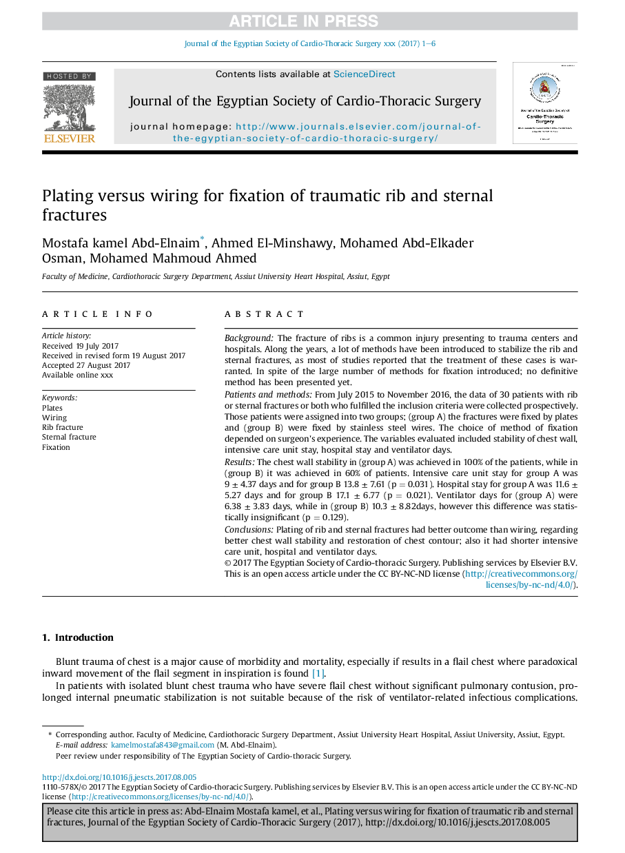 Plating versus wiring for fixation of traumatic rib and sternal fractures