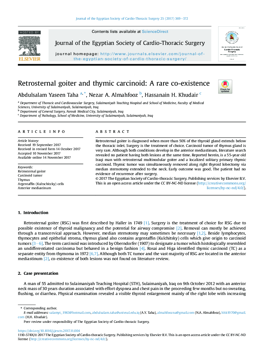 Retrosternal goiter and thymic carcinoid: A rare co-existence