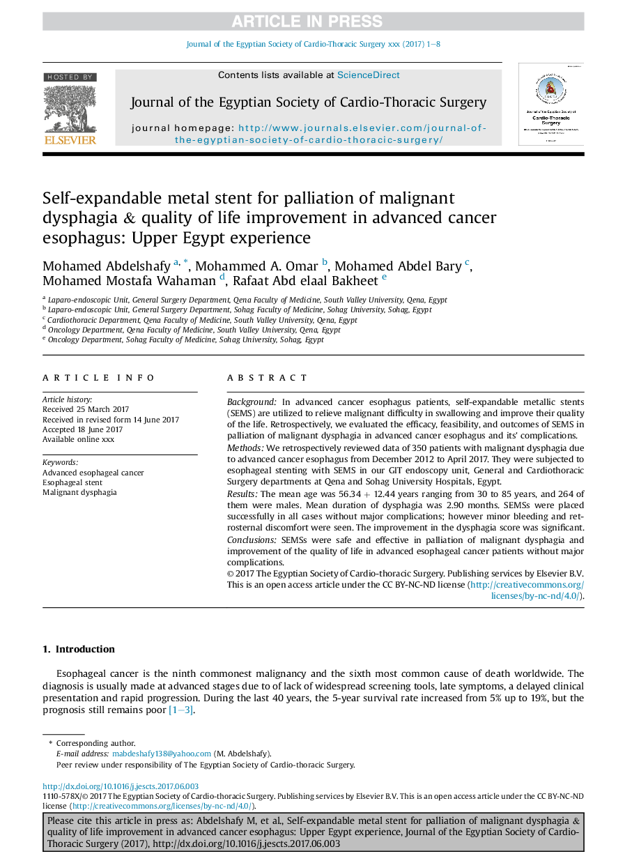 Self-expandable metal stent for palliation of malignant dysphagia & quality of life improvement in advanced cancer esophagus: Upper Egypt experience