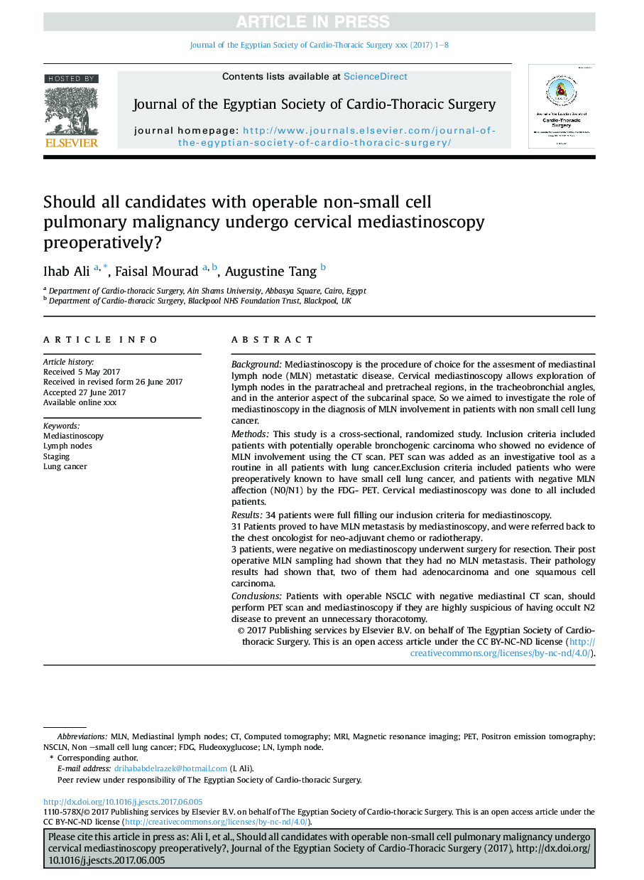 Should all candidates with operable non-small cell pulmonary malignancy undergo cervical mediastinoscopy preoperatively?