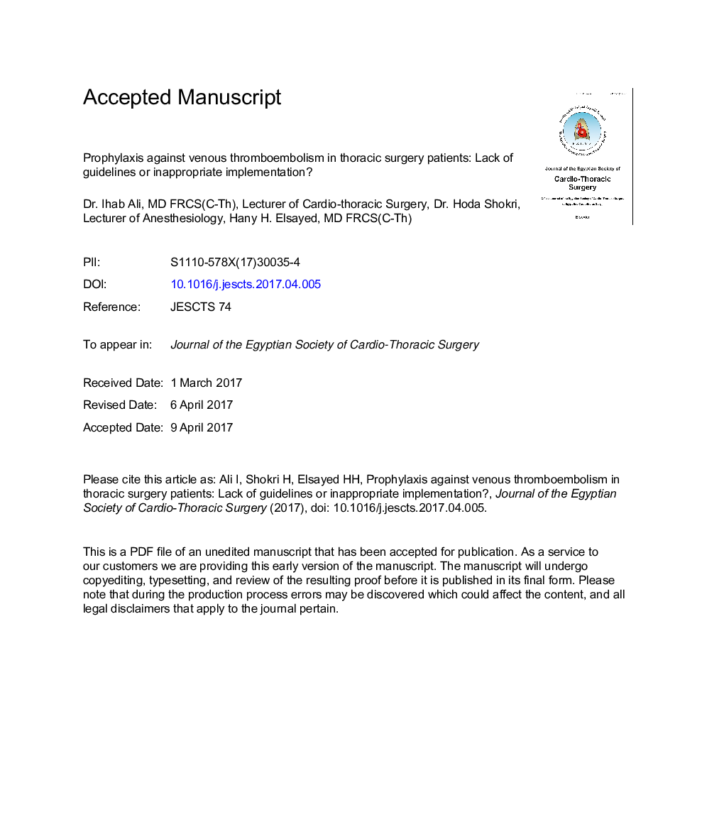 Prophylaxis against venous thromboembolism in thoracic surgery patients: Lack of guidelines or inappropriate implementation?