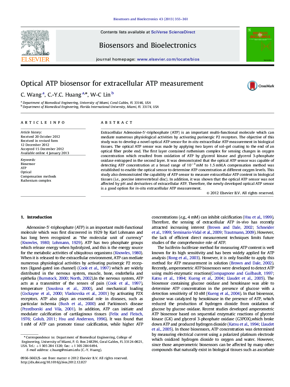 Optical ATP biosensor for extracellular ATP measurement