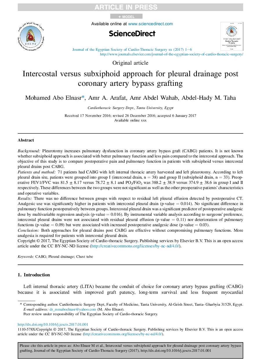 Intercostal versus subxiphoid approach for pleural drainage post coronary artery bypass grafting