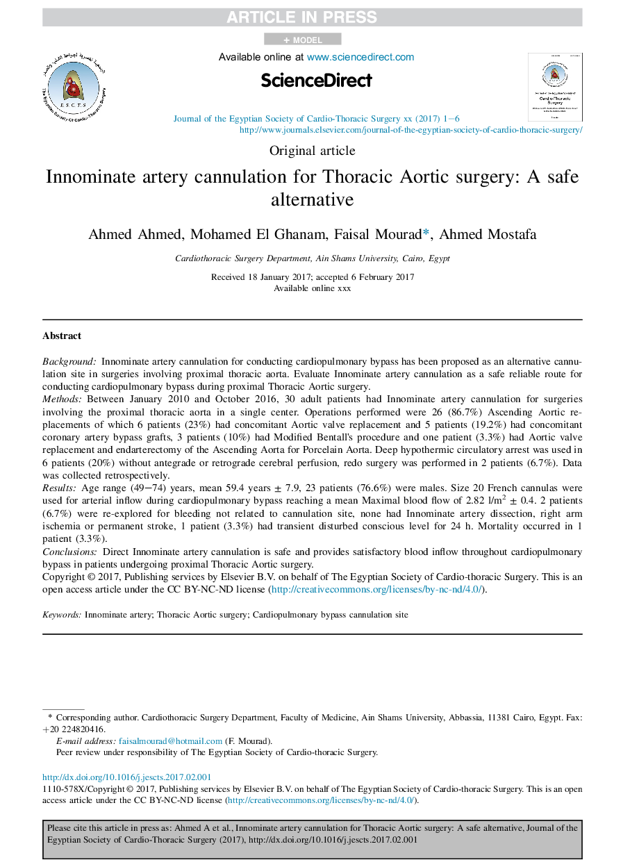 Innominate artery cannulation for Thoracic Aortic surgery: A safe alternative